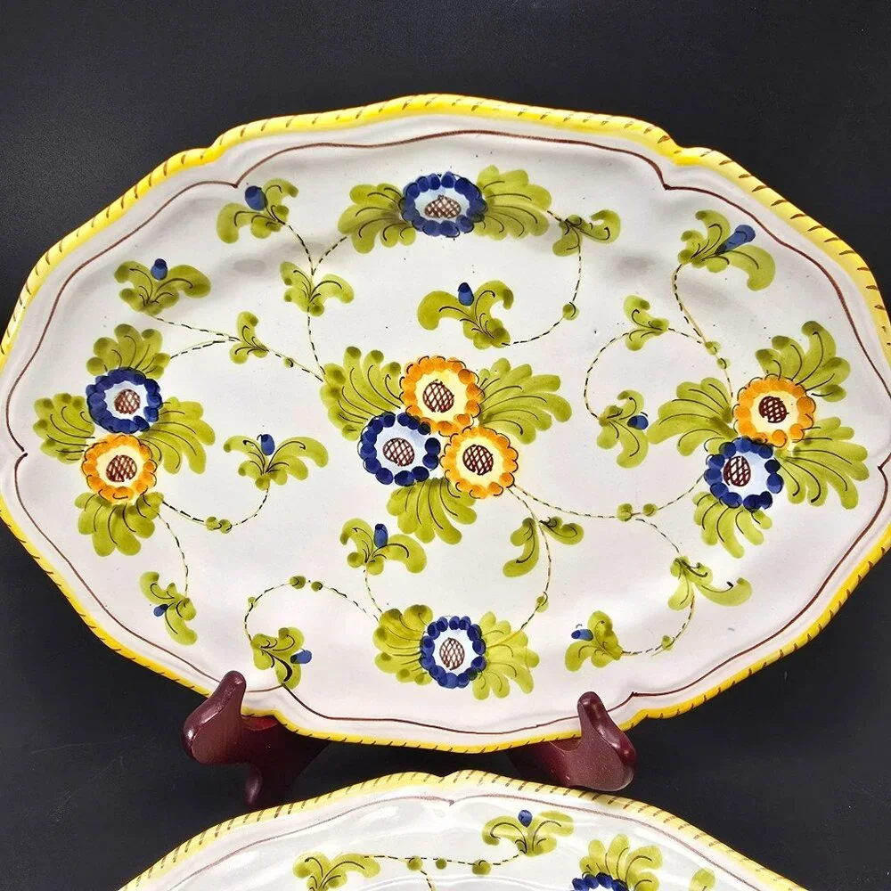 Vintage Hand-Painted Ceramic Serving Plates Floral Set Of Two Signed CM2203